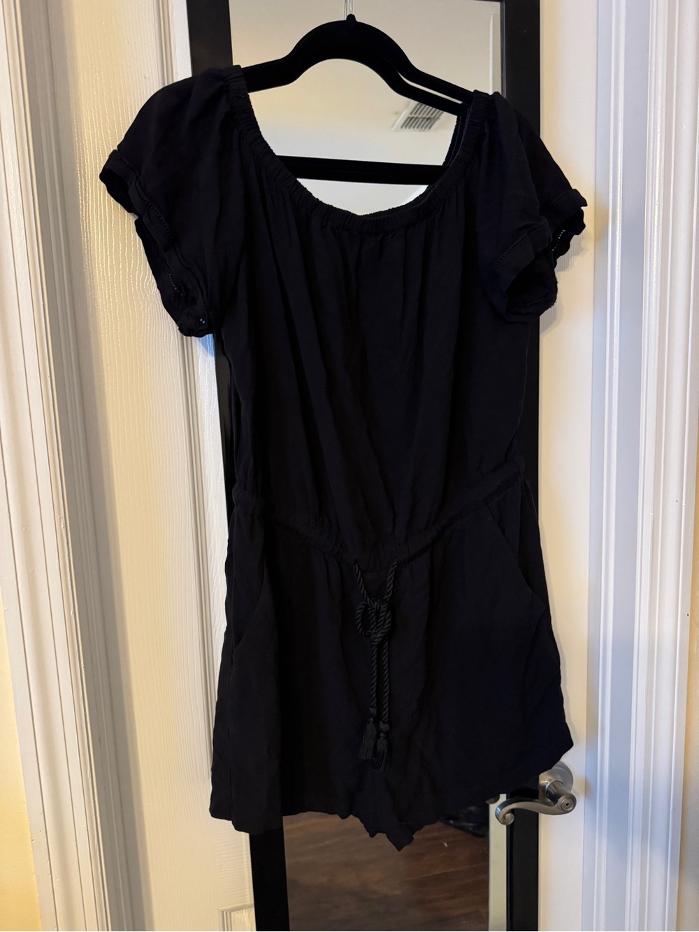 LOFT Black Short-Sleeve Tie-Waist Romper